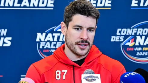 Sidney Crosby #87 of Canada takes questions during media day ahead of the 2025 NHL 4 Nations Face-Off at the Bell Centre on February 11, 2025 in Montreal, Quebec, Canada.