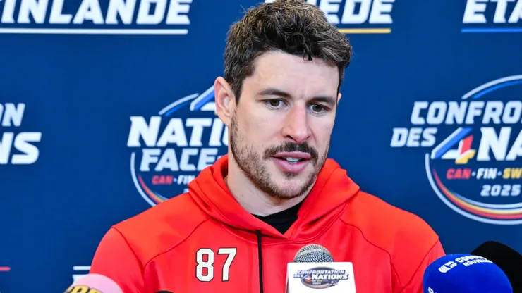 Sidney Crosby #87 of Canada takes questions during media day ahead of the 2025 NHL 4 Nations Face-Off at the Bell Centre on February 11, 2025 in Montreal, Quebec, Canada.