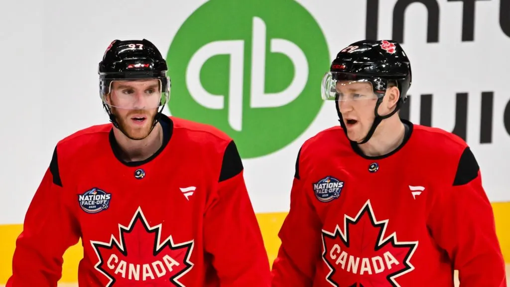 Connor McDavid #97 and teammate Nathan MacKinnon #29 of Canada take part at practice during media day ahead of the 2025 NHL 4 Nations Face-Off at the Bell Centre on February 11, 2025 in Montreal, Quebec, Canada.