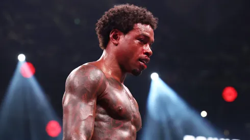 : Errol Spence Jr. looks on Terence Crawford during round 5 of the World Welterweight Championship bout at T-Mobile Arena on July 29, 2023 in Las Vegas, Nevada.