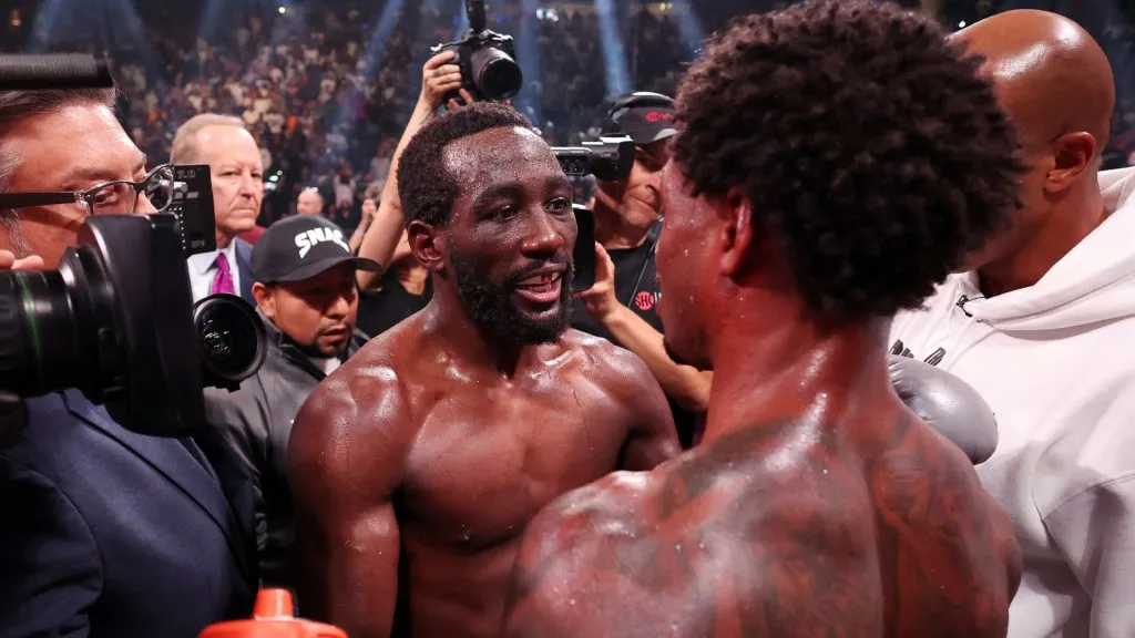Terence Crawford speaks to Errol Spence Jr. after defeating him in the World Welterweight Championship bout at T-Mobile Arena on July 29, 2023 in Las Vegas, Nevada. (Photo by Al Bello/Getty Images)