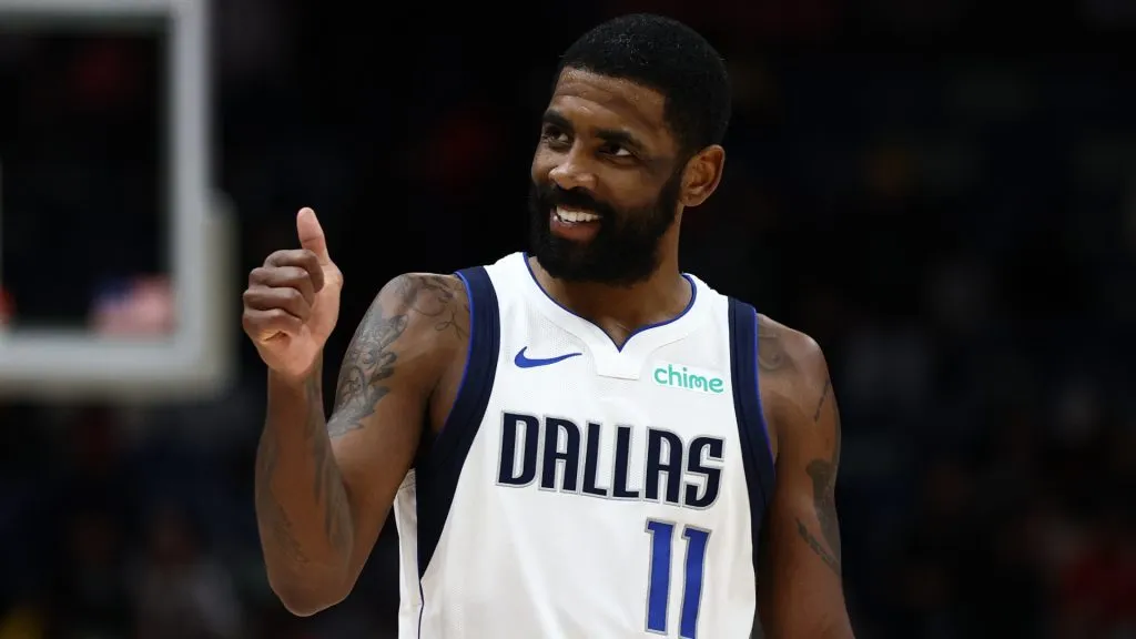Kyrie Irving #11 of the Dallas Mavericks reacts during the game against the New Orleans Pelicans at Smoothie King Center on January 29, 2025. (Source: Chris Graythen/Getty Images)