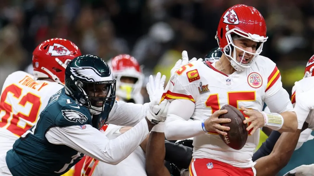 Patrick Mahomes #15 of the Kansas City Chiefs is sacked by Josh Sweat #19 of the Philadelphia Eagles in the second quarter during Super Bowl LIX at Caesars Superdome on February 09, 2025 in New Orleans, Louisiana.