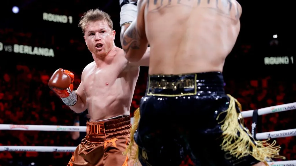 WBC/WBA/WBO super middleweight champion Canelo Alvarez punches Edgar Berlanga during the first round of a title fight at T-Mobile Arena on September 14, 2024 in Las Vegas, Nevada. (Photo by Steve Marcus/Getty Images)