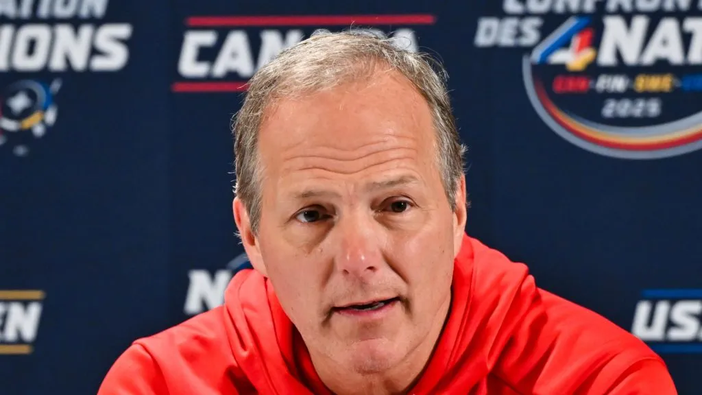 Head coach Jon Cooper of Canada takes questions during media day ahead of the 2025 NHL 4 Nations Face-Off at the Bell Centre on February 11, 2025 in Montreal, Quebec, Canada.