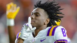 Malik Nabers #8 of the LSU Tigers reacts after an LSU victory at Jordan-Hare Stadium on October 1, 2022 in Auburn, Alabama.