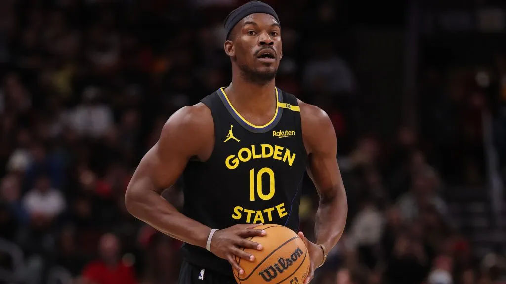 Jimmy Butler #10 of the Golden State Warriors looks on against the Chicago Bulls during the second half at the United Center.