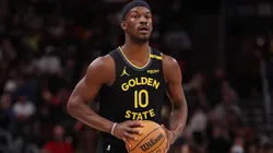 Jimmy Butler #10 of the Golden State Warriors looks on against the Chicago Bulls during the second half at the United Center.