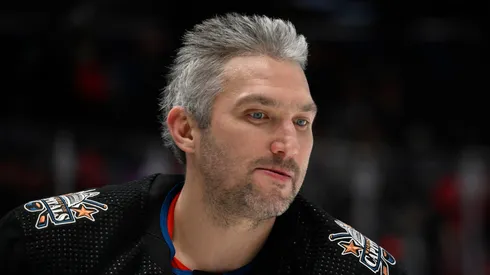 Alex Ovechkin #8 of the Washington Capitals warms up before the game against the Winnipeg Jets at Capital One Arena on December 23, 2022 in Washington, DC.