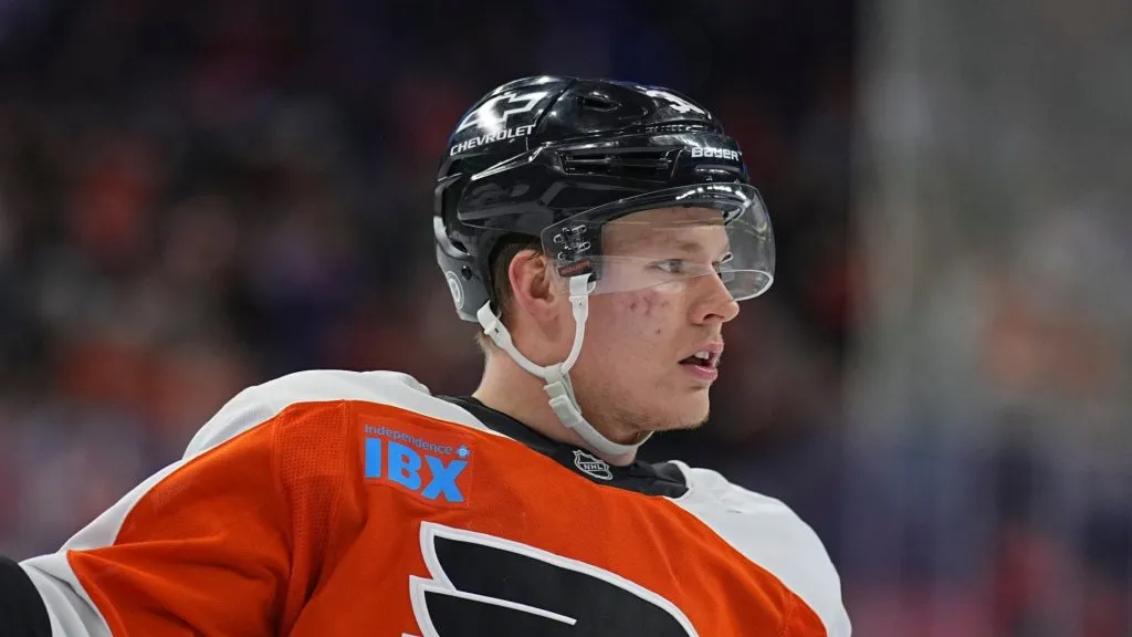 Matvei Michkov #39 of the Philadelphia Flyers reacts after scoring a goal against the Vegas Golden Knights in the second period at the Wells Fargo Center on November 25, 2024 in Philadelphia, Pennsylvania.