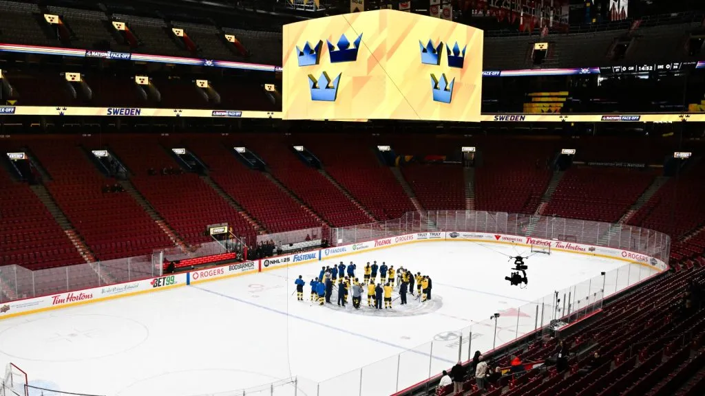 A general view of practice for Team Sweden during media day ahead of the 2025 NHL 4 Nations Face-Off at the Bell Centre on February 11, 2025 in Montreal, Quebec, Canada.