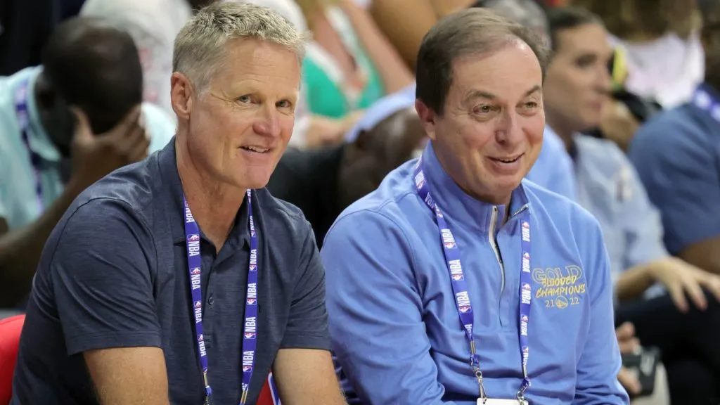 Head coach Steve Kerr and governor Joe Lacob of the Golden State Warriors.
