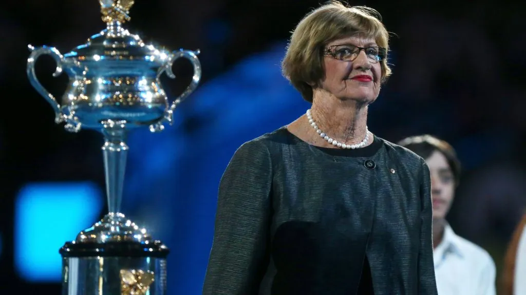 Margaret Court stands with the Daphne Akhurst Memorial Cup to be presented to the winner of the women’s final match between Victoria Azarenka and Na Li. (Ryan Pierse-Pool/Getty Images)