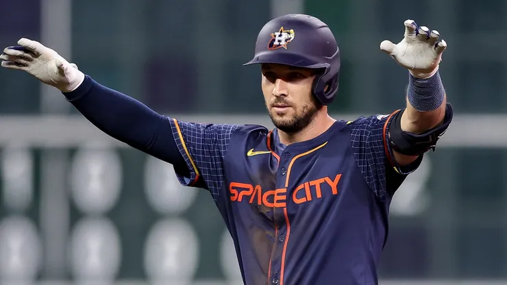 Alex Bregman #2 reacts after hitting a two RBI double in the eighth inning against the Oakland Athletics at Minute Maid Park on May 13, 2024 in Houston, Texas.