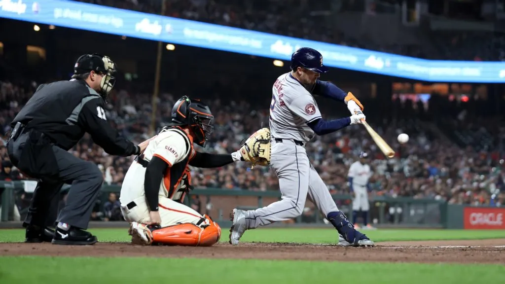 Alex Bregman #2 of the Houston Astros hits a single that scored a run against the San Francisco Giants in the 10th inning at Oracle Park on June 10, 2024 in San Francisco, California. (Photo by Ezra Shaw/Getty Images)