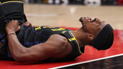 Jimmy Butler #10 of the Golden State Warriors celebrates a layup and a foul against the Chicago Bulls during the second half at the United Center on February 08, 2025 in Chicago, Illinois.