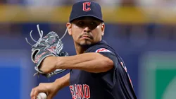 Carlos Carrasco #59 of the Cleveland Guardians pitches in the first inning during a game against the Tampa Bay Rays at Tropicana Field on July 12, 2024 in St Petersburg, Florida.