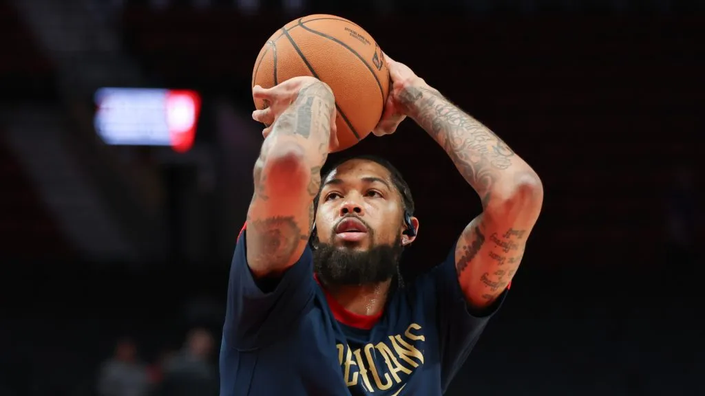 Brandon Ingram #14 of the New Orleans Pelicans warms up before a game against the Portland Trail Blazers at Moda Center on October 27, 2024. (Source: Amanda Loman/Getty Images)