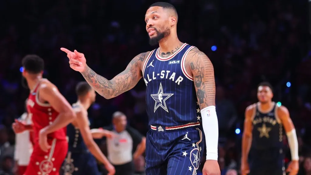 Damian Lillard #0 of the Milwaukee Bucks and Eastern Conference All-Stars reacts in the fourth quarter against the Western Conference All-Stars during the 2024 NBA All-Star Game. (Source: Stacy Revere/Getty Images)