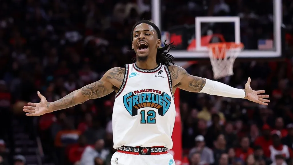 Ja Morant #12 of the Memphis Grizzlies reacts against the Houston Rockets during the second half at Toyota Center on January 13, 2025. (Source: Alex Slitz/Getty Images)