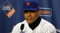 Juan Soto of the New York Mets looks on during his introductory press conference at Citi Field on December 12, 2024 in New York City.