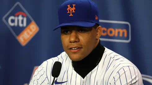 Juan Soto of the New York Mets looks on during his introductory press conference at Citi Field on December 12, 2024 in New York City.