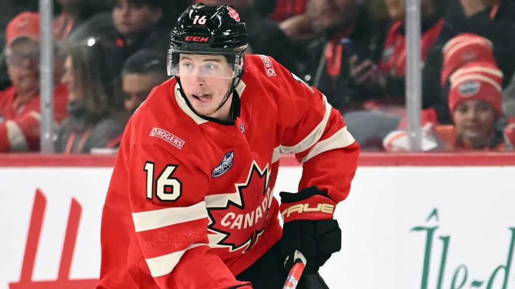 Mitch Marner #16 of Team Canada skates against Team Sweden in the NHL 4 Nations Face-Off at Bell Centre on February 12, 2025 in Montreal, Quebec.