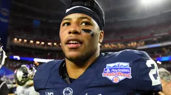 Running back Saquon Barkley #26 of the Penn State Nittany Lions reacts on the field after defeating the Washington Huskies 35-28 in the PlayStation Fiesta Bowl at University of Phoenix Stadium on December 30, 2017 in Glendale, Arizona. The Penn State Nittany Lions won 35-28.