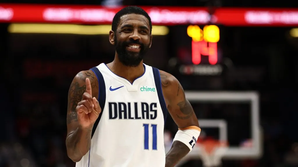 Kyrie Irving #11 of the Dallas Mavericks reacts during the game against the New Orleans Pelicans at Smoothie King Center.