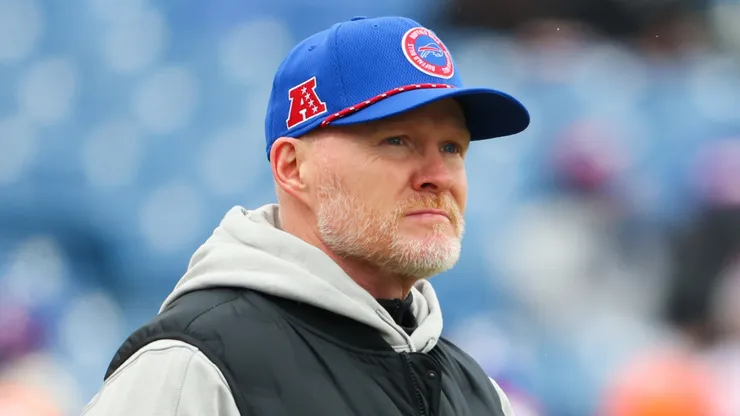 Head coach Sean McDermott of the Buffalo Bills looks on during warms up prior to playing the Denver Broncos during the AFC Wild Card Playoffs at Highmark Stadium on January 12, 2025 in Orchard Park, New York.