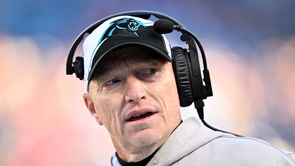 Carolina Panthers interim head coach Chris Tabor reacts during the fourth quarter against the Tampa Bay Buccaneers at Bank of America Stadium on January 07, 2024 in Charlotte, North Carolina.