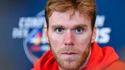 Connor McDavid #97 of Canada takes questions during media day ahead of the 2025 NHL 4 Nations Face-Off at the Bell Centre on February 11, 2025 in Montreal, Quebec, Canada.