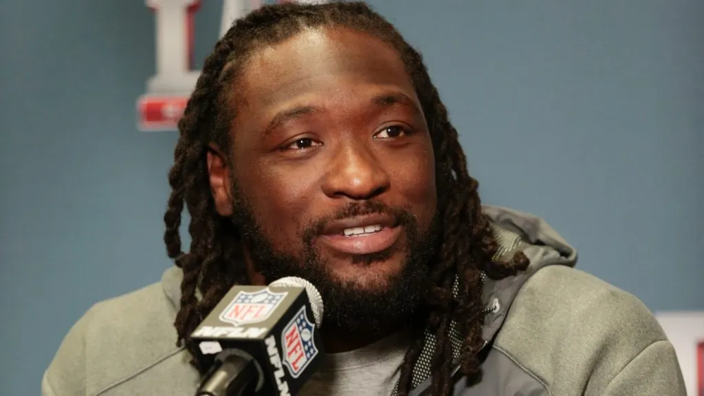 LeGarrette Blount #29 of the New England Patriots answers questions during Super Bowl LI media availability at the J.W. Marriott on February 2, 2017 in Houston, Texas.