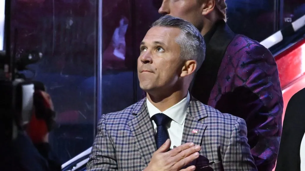 Head coach of the Montreal Canadiens Martin St. Louis is introduced during the pre-game ceremony against the Toronto Maple Leafs at the Bell Centre on October 9, 2024 in Montreal, Quebec, Canada. The Montreal Canadiens defeated the Toronto Maple Leafs 1-0.