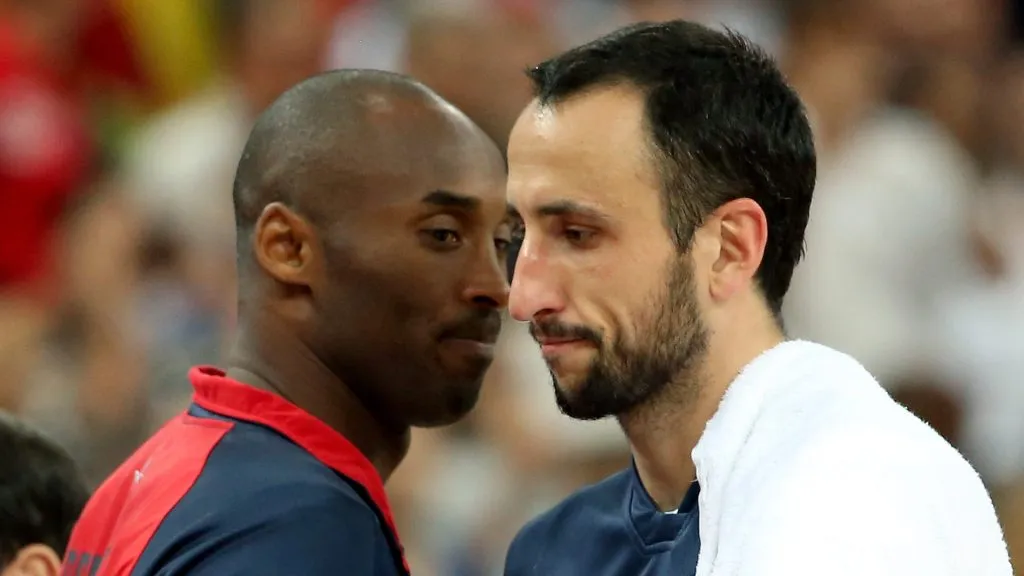 Kobe Bryant #10 of United States and Manu Ginobili #5 of Argentina shakes hands after the United States defeats Argentina 109-83 