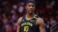 Jimmy Butler of the Golden State Warriors looks on against the Houston Rockets on February 13, 2025.