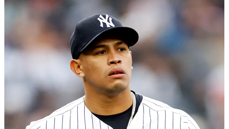 Jonathan Loaisiga #43 of the New York Yankees looks on during the seventh inning against the Philadelphia Phillies at Yankee Stadium on April 05, 2023 in the Bronx borough of New York City.