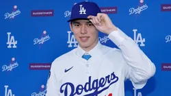 Pitcher Roki Sasaki poses during a Los Angeles Dodgers press conference at Dodger Stadium on January 22, 2025.