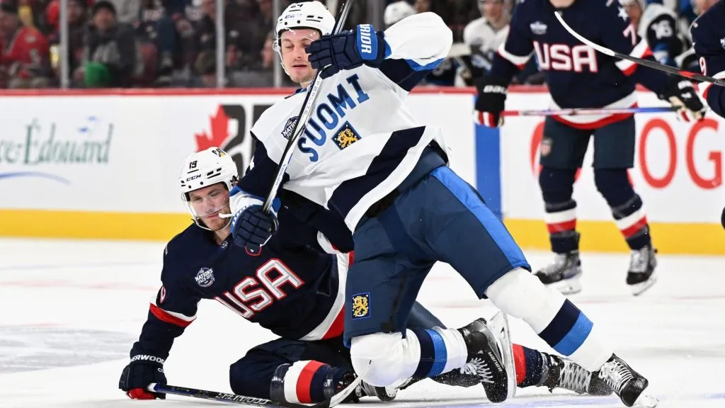 Matthew Tkachuk of Team USA and Roope Hintz of Team Finland collide during the second period in the NHL 4 Nations Face-Off at Bell Centre on February 13 (Photo by Minas Panagiotakis/Getty Images)