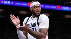 Daniel Gafford #21 of the Dallas Mavericks reacts after being fouled during the first half against the Phoenix Suns at Footprint Center on December 27, 2024 in Phoenix, Arizona.