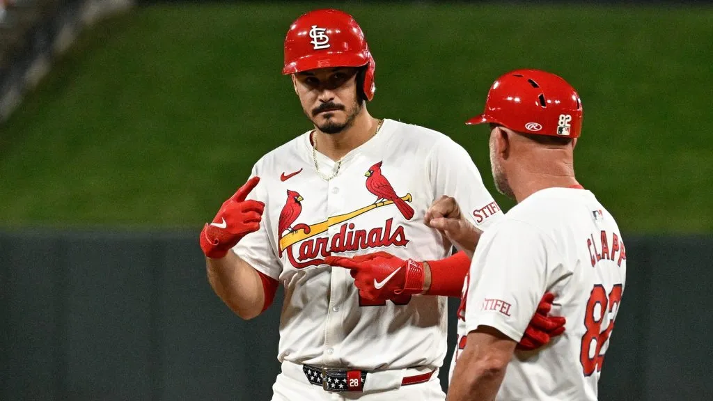 Nolan Arenado #28 of the St. Louis Cardinals celebrates after hitting an RBI single against the Pittsburgh Pirates in the fourth inning at Busch Stadium on September 16, 2024. (Source: Joe Puetz/Getty Images)