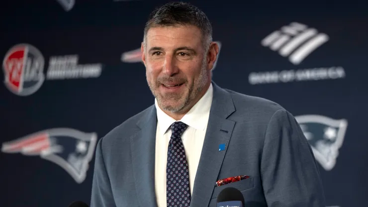 Mike Vrabel speaks as he is introduced as head coach of the New England Patriots during a press conference at Gillette Stadium on January 13, 2025.