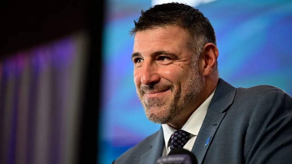 Mike Vrabel speaks as he is introduced as head coach of the New England Patriots during a press conference at Gillette Stadium on January 13, 2025. (Source: Billie Weiss/Getty Images)