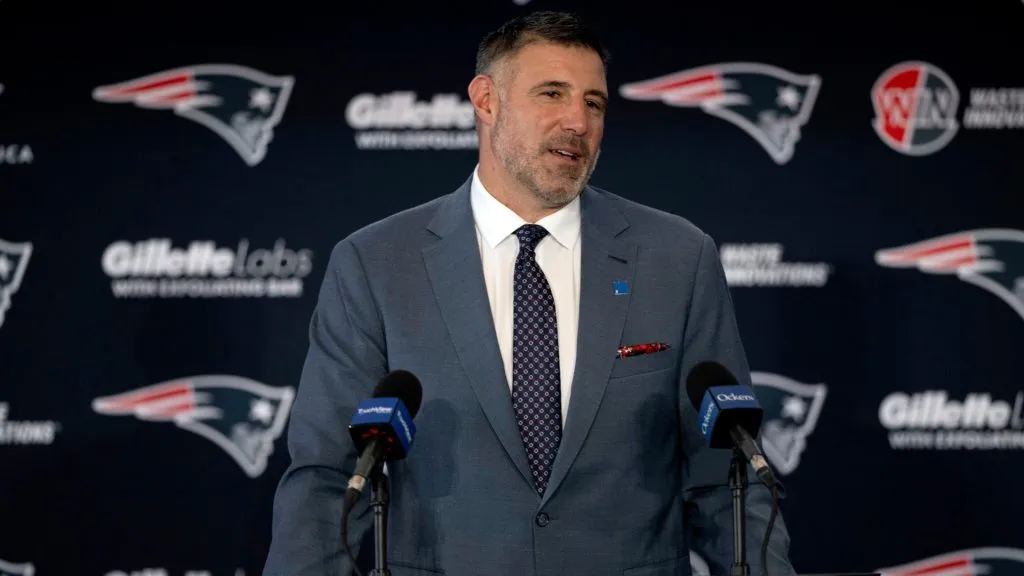 Mike Vrabel speaks as he is introduced as head coach of the New England Patriots during a press conference at Gillette Stadium on January 13, 2025. (Source: Billie Weiss/Getty Images)