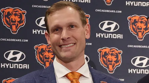 Ben Johnson of the Chicago Bears poses for a photo during a introductory press conference at PNC Center at Halas Hall on January 22, 2025.