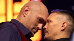 Tyson Fury and Oleksandr Usyk face off during the Tyson Fury v Oleksandr Usyk Press Conference at Outernet London on November 16, 2023 in London, England.