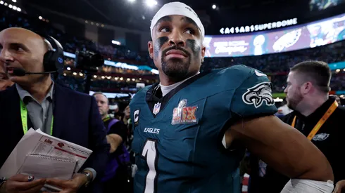 Jalen Hurts #1 of the Philadelphia Eagles celebrates on the field after defeating the Kansas City Chiefs 40-22 to win Super Bowl LIX at Caesars Superdome on February 09, 2025 in New Orleans, Louisiana.