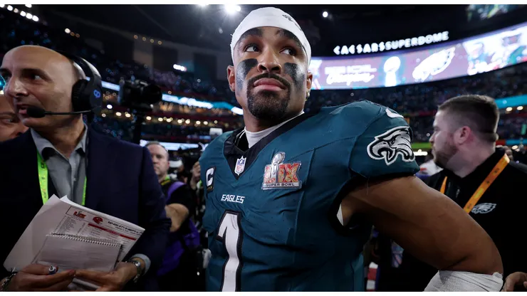 Jalen Hurts #1 of the Philadelphia Eagles celebrates on the field after defeating the Kansas City Chiefs 40-22 to win Super Bowl LIX at Caesars Superdome on February 09, 2025 in New Orleans, Louisiana.