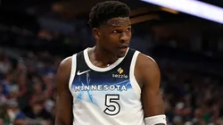 Anthony Edwards #5 of the Minnesota Timberwolves looks on against the Milwaukee Bucks in the first quarter at Target Center.