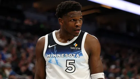 Anthony Edwards #5 of the Minnesota Timberwolves looks on against the Milwaukee Bucks in the first quarter at Target Center.